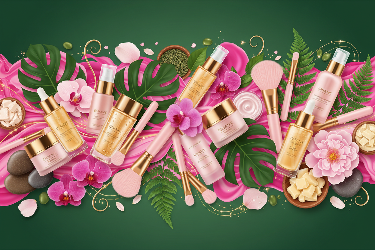 Hero banner de belleza con verde y rosa